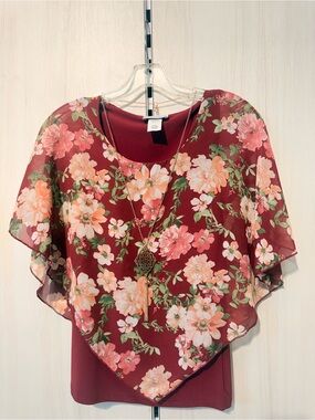 Floral Poncho Overlay Top in Burgundy